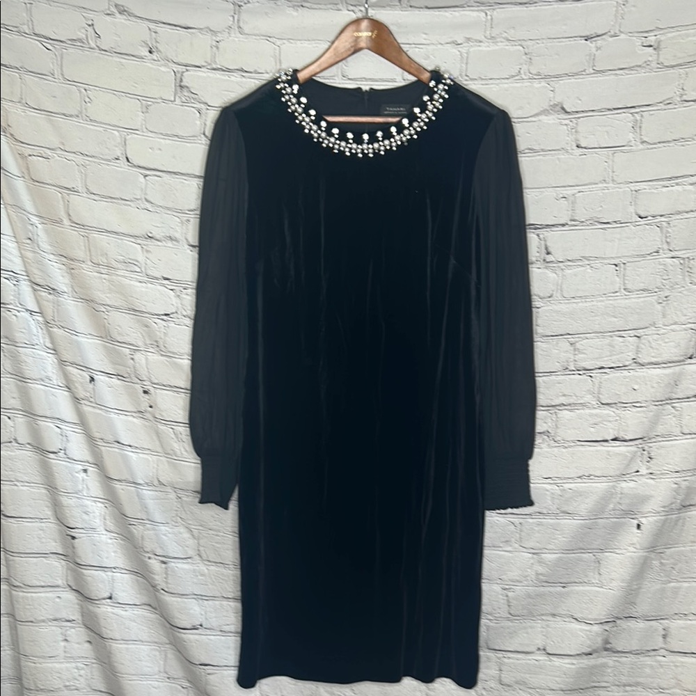 Tahari Black Velvet Sheath Pearl Embellished Neck Bishop Sleeve Dress Size 16